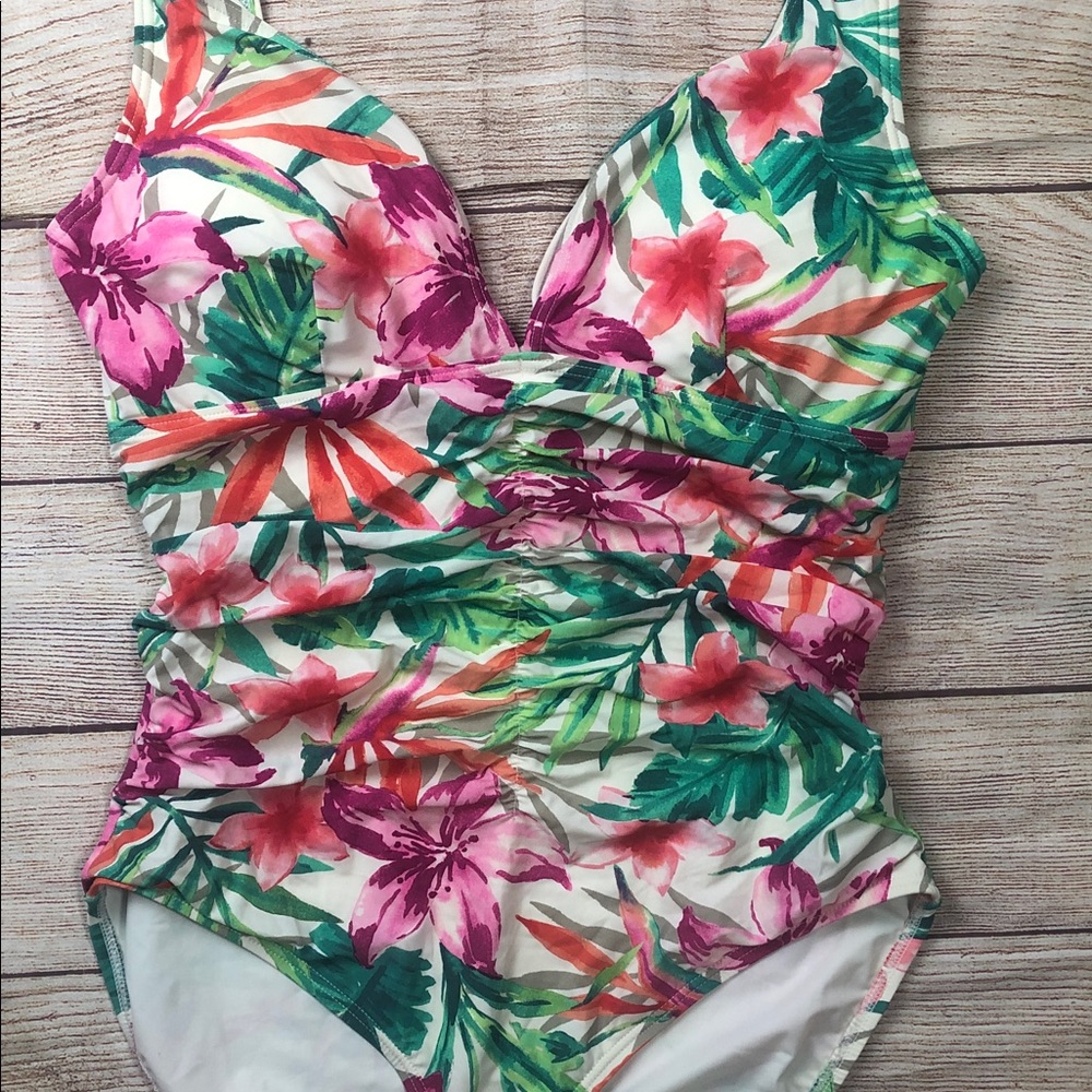 Contours by Coco‎ Reef Tropical Floral Ruched One-Piece in Pink & Green - Picture 6 of 11